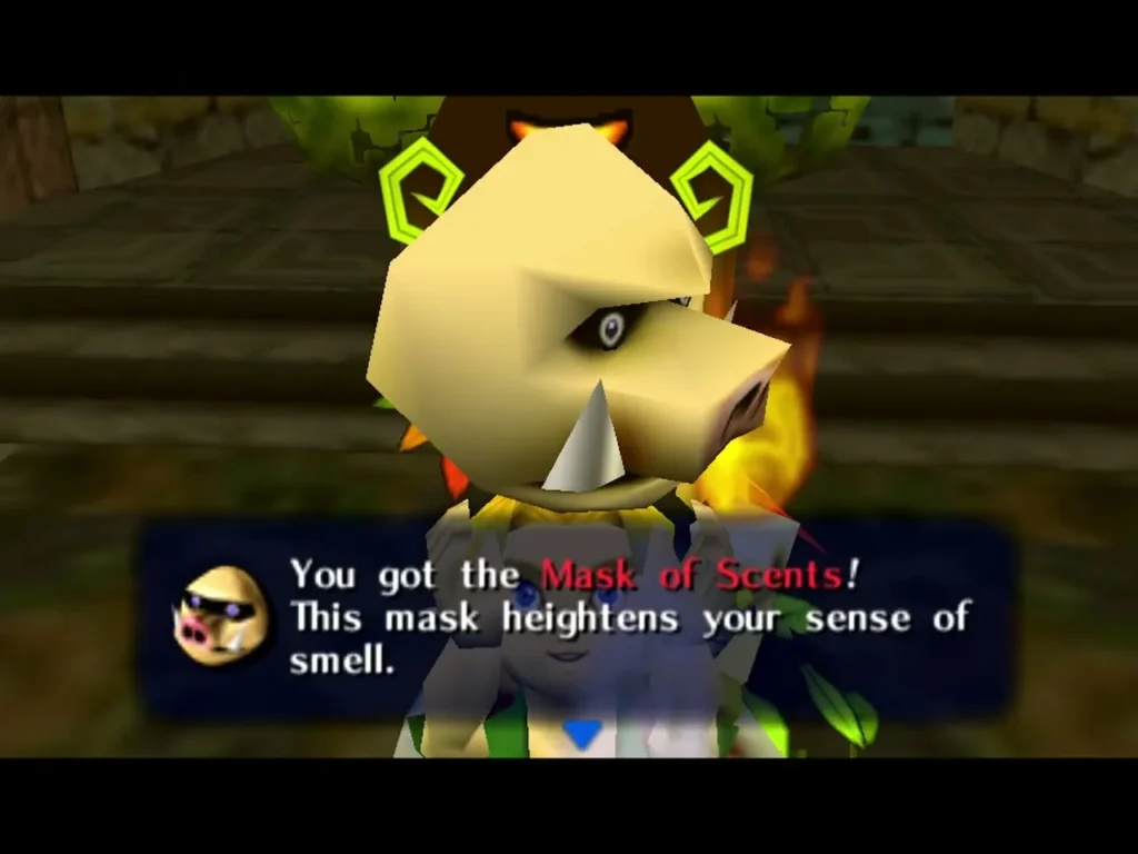 The Mask of Scents floats in front of Link, the box reading You got the Mask of Scents, a sense of smell boost