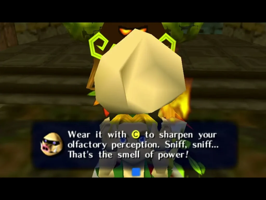 Link wearing the Mask of Scents with the sniff instruction message