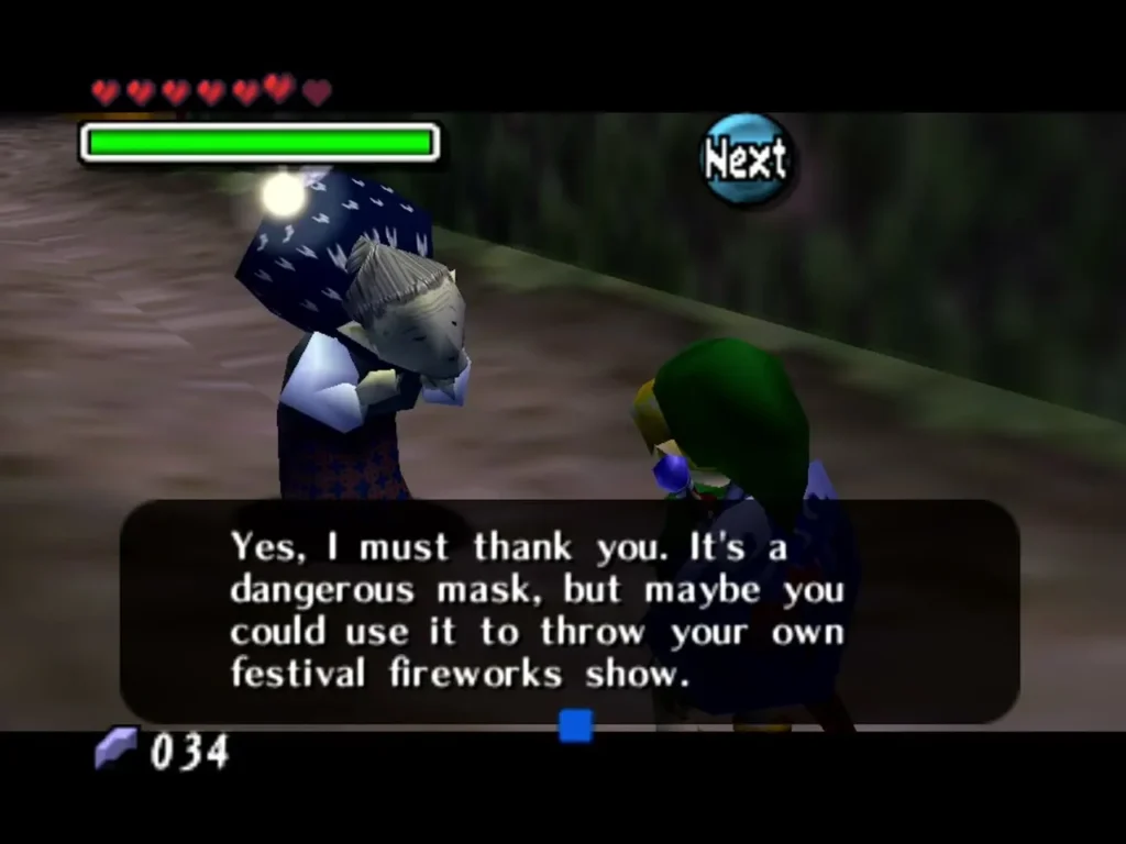 Old Lady in a blue headscarf speaking to Link about the Blast Mask