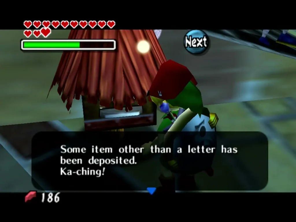 Link in the Postman's Hat at a mailbox, the box saying an item other than a letter was deposited