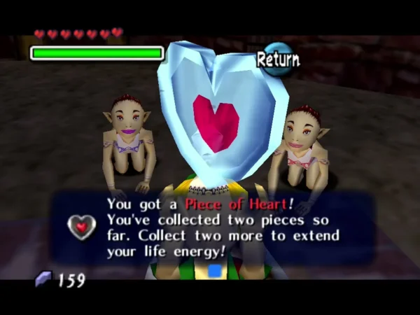 Link holding up a Piece of Heart between the two Rosa Sisters after dancing with them
