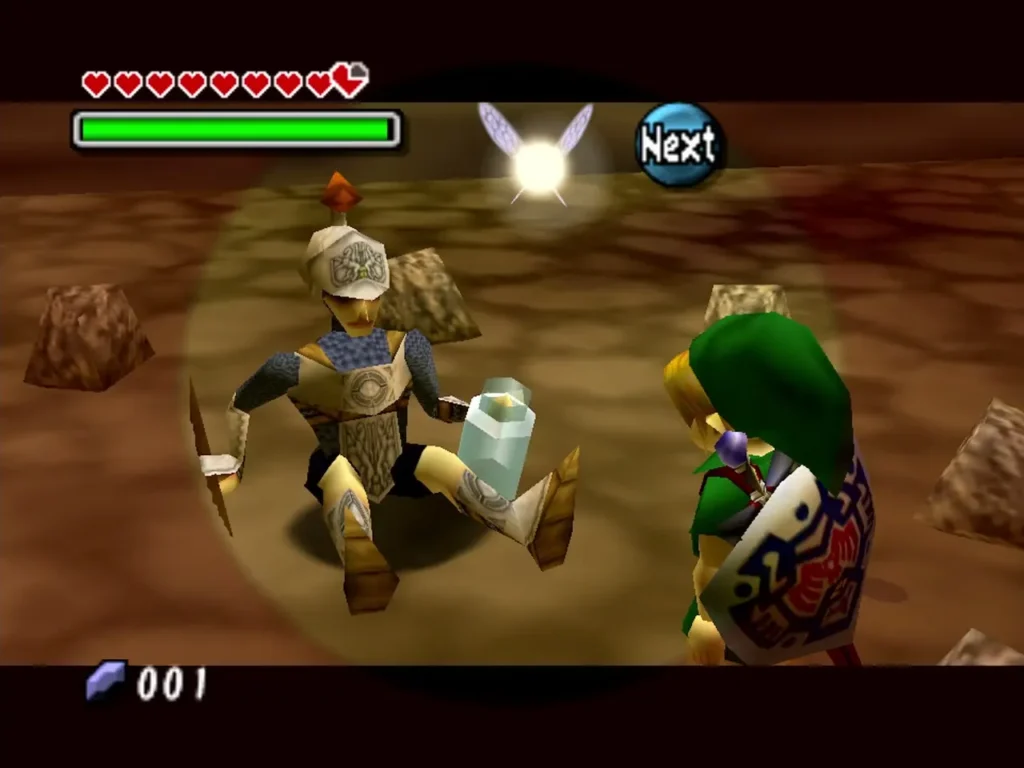 Shiro sits on the ground holding the bottle Link has just given him on the Road to Ikana