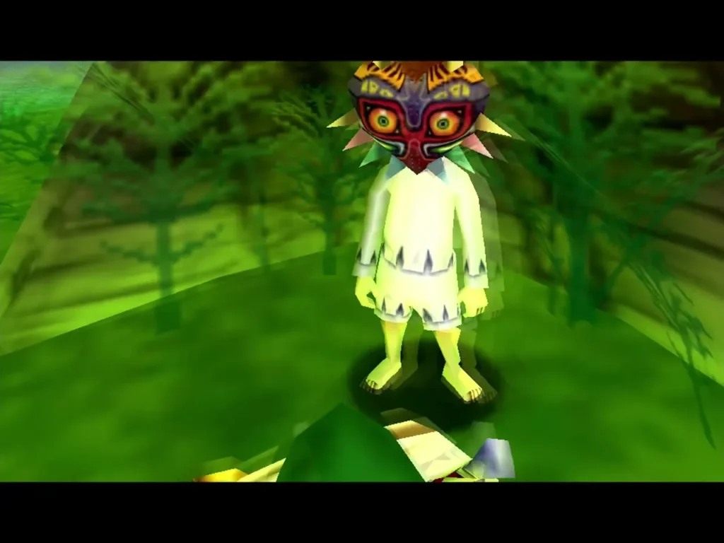 Skull Kid in Majora's Mask stands in a green forest clearing before the Fierce Deity's Mask scene