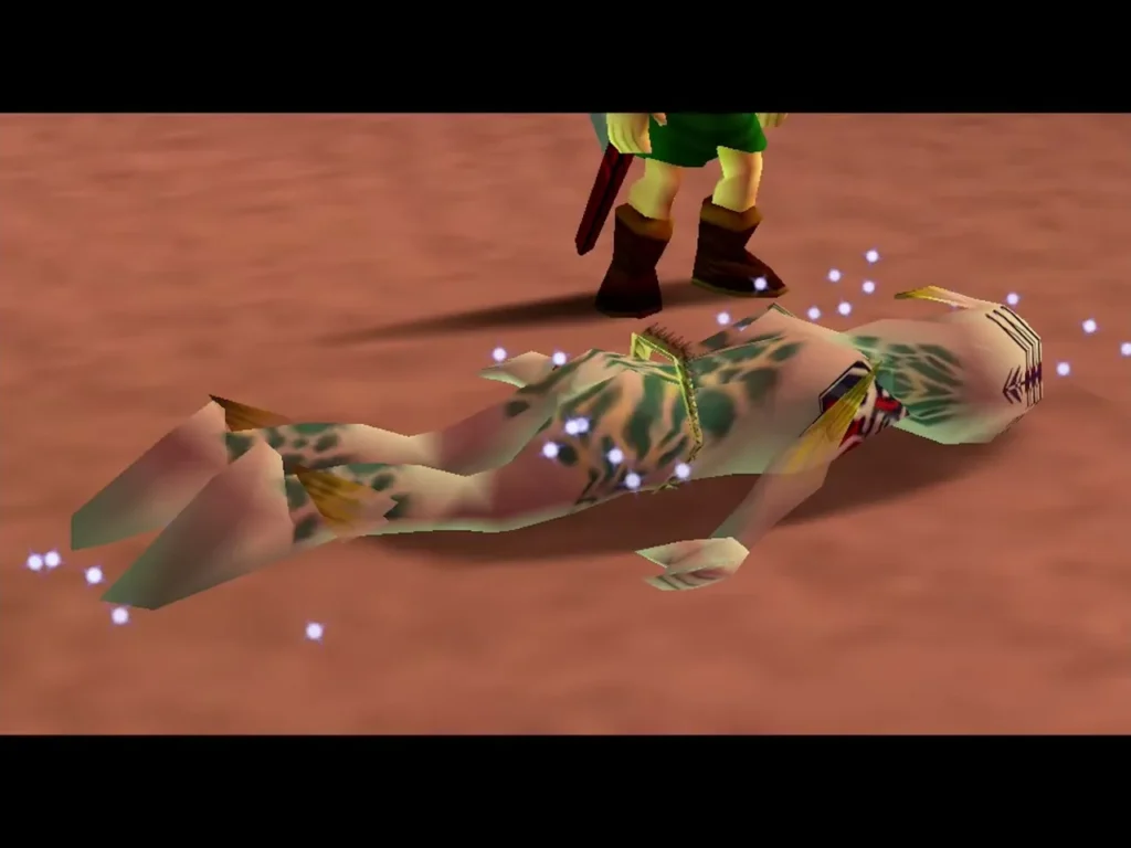 Link standing over Mikau on the sand as sparkles rise from him