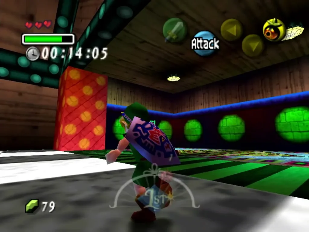 Link running the Treasure Chest Shop maze past the red and green wall panels with 14 seconds left Link running the Treasure Chest Shop maze past the red and green wall panels with 14 seconds left