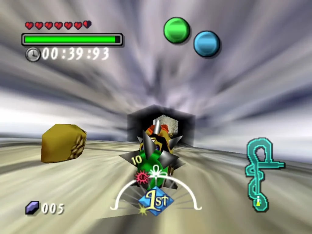 Goron Link rolling fast on the Goron Racetrack with the race timer on screen Goron Link rolling fast on the Goron Racetrack with the race timer on screen