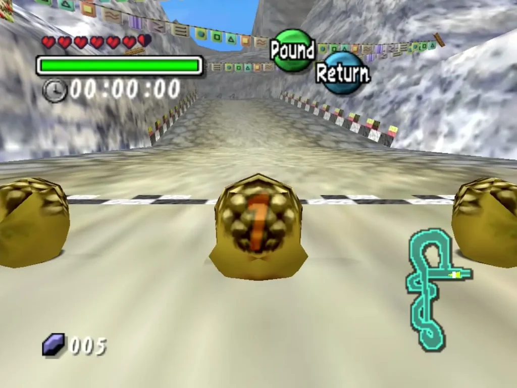 Goron racers at the Goron Racetrack start line with the race timer at zero Goron racers at the Goron Racetrack start line with the race timer at zero