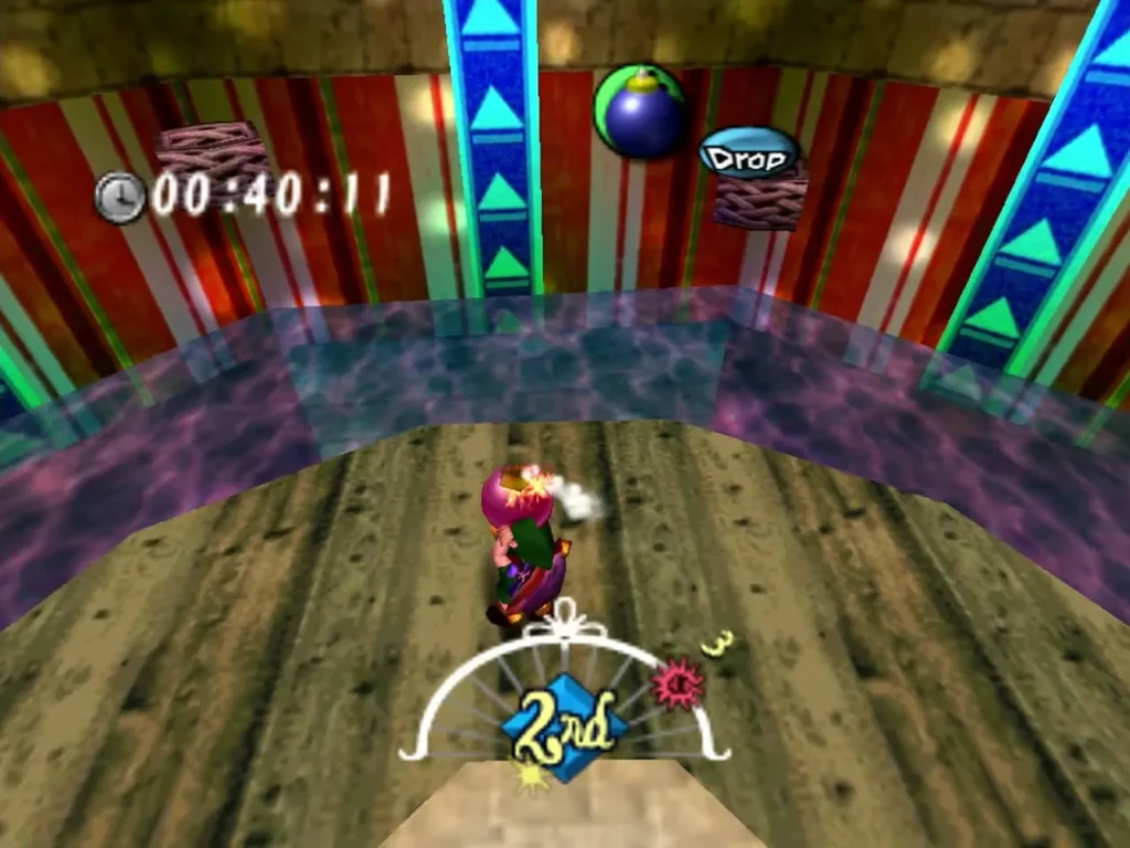Link holds a bomb overhead in the Honey and Darling basket game, the Drop prompt on screen Link holds a bomb overhead in the Honey and Darling basket game, the Drop prompt on screen
