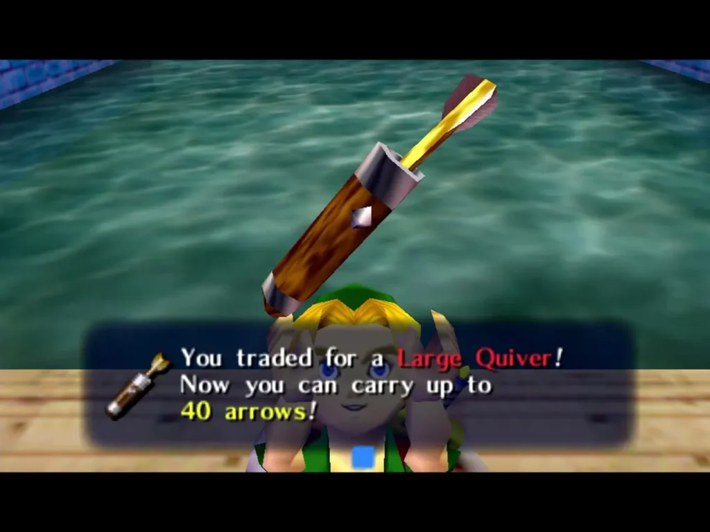 Link holding up a Large Quiver after the Town Shooting Gallery trade Link holding up a Large Quiver after the Town Shooting Gallery trade