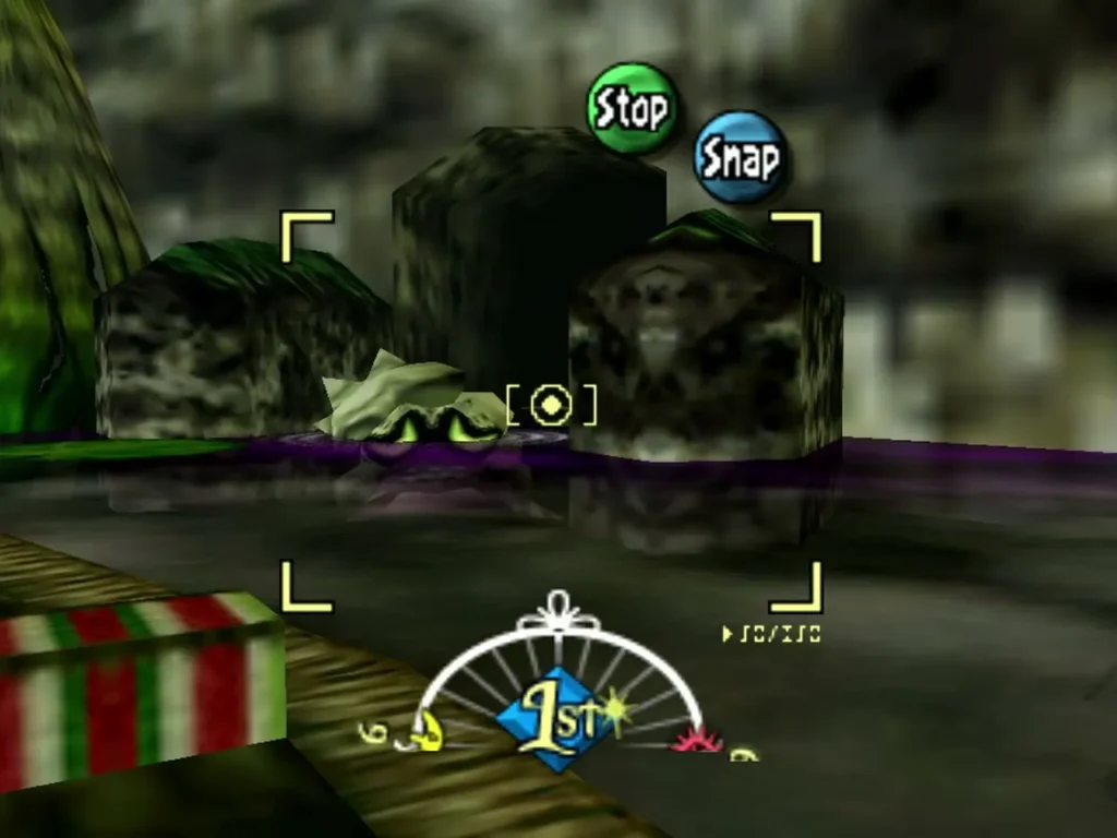 Pictograph viewfinder over a swamp rock with the Stop and Snap buttons on screen Pictograph viewfinder over a swamp rock with the Stop and Snap buttons on screen