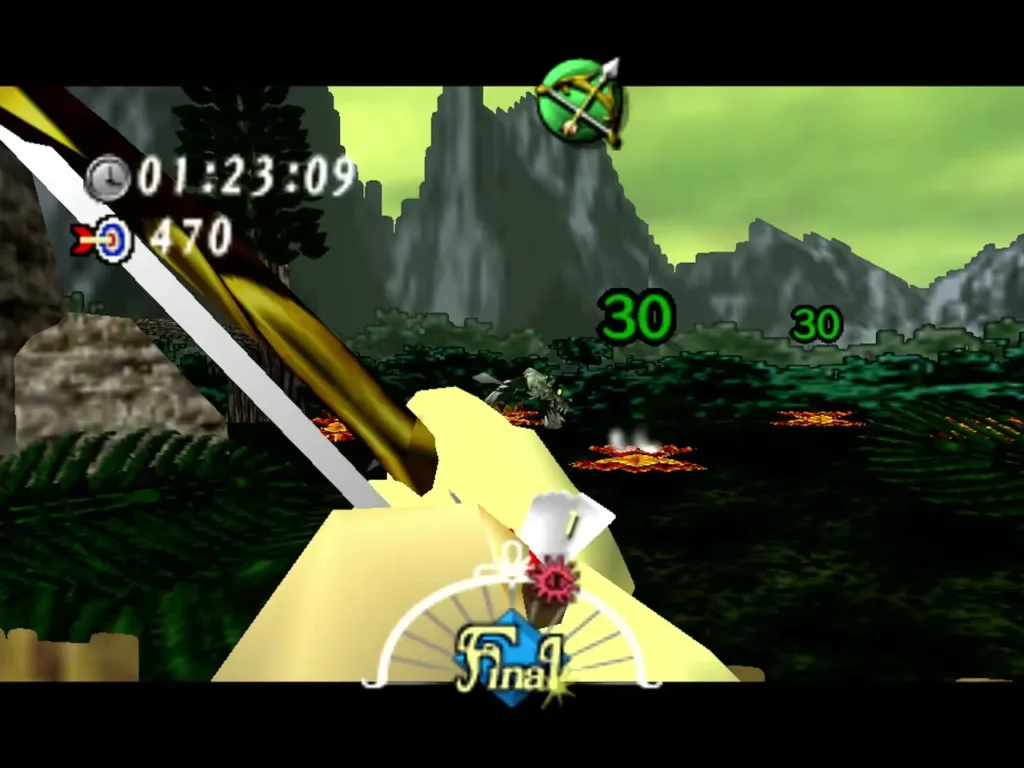 Link aiming the Hero's Bow at targets in the Swamp Shooting Gallery round Link aiming the Hero's Bow at targets in the Swamp Shooting Gallery round