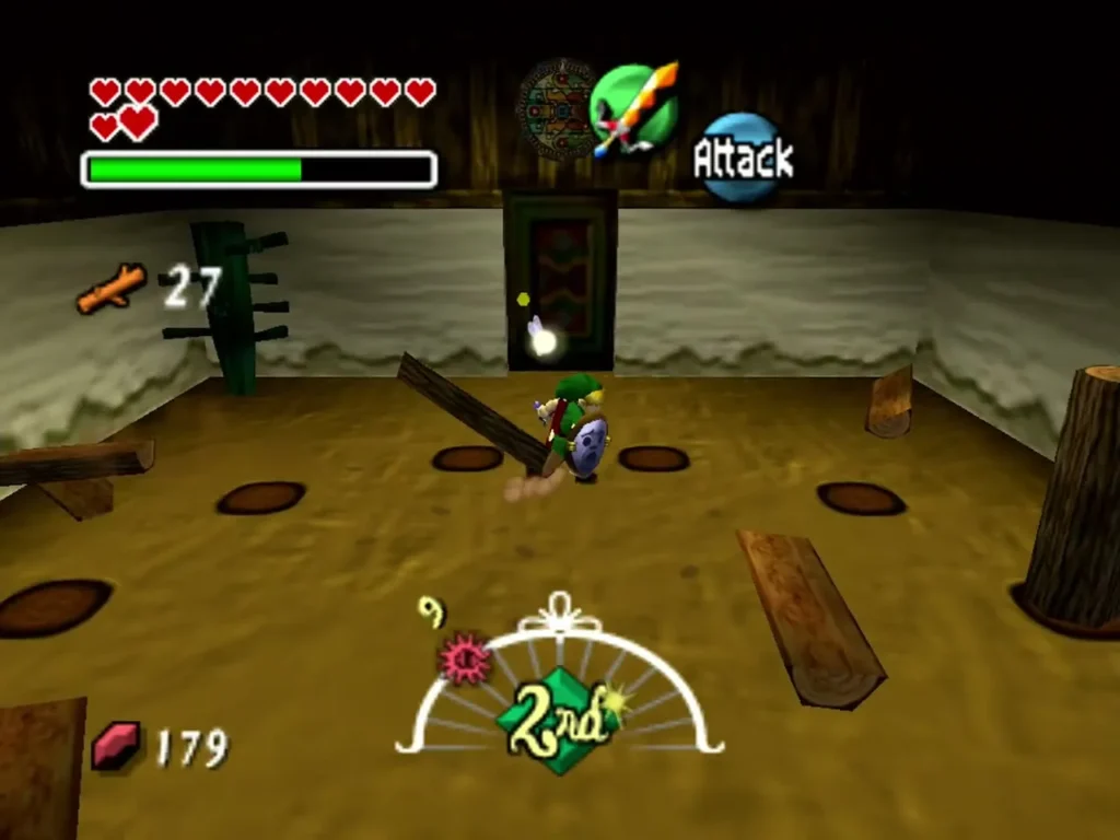 Link chops logs in the Swordsman's practice room, with the counter at 27 Link chops logs in the Swordsman's practice room, with the counter at 27