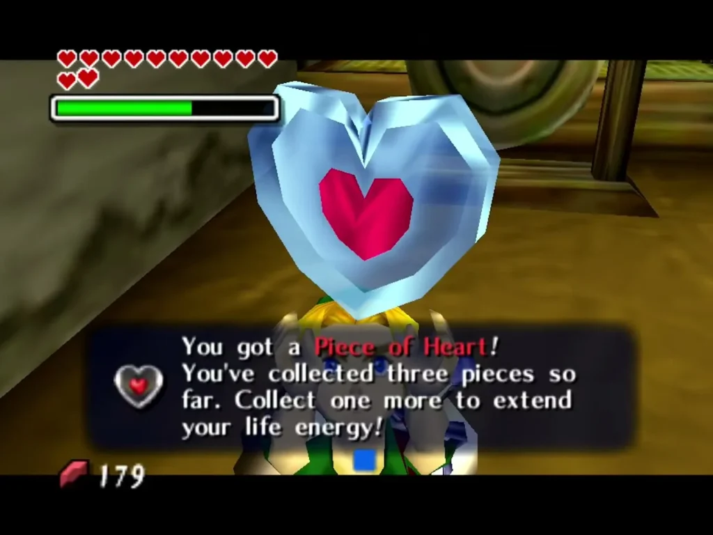 Link holds up a Piece of Heart after finishing the Swordsman's Expert Course Link holds up a Piece of Heart after finishing the Swordsman's Expert Course