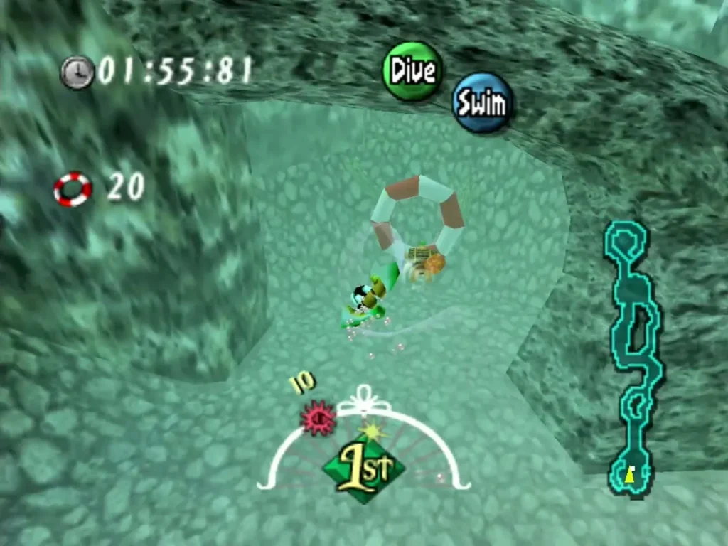 Link swims through a ring in the Zora ring course with the timer near two minutes Link swims through a ring in the Zora ring course with the timer near two minutes
