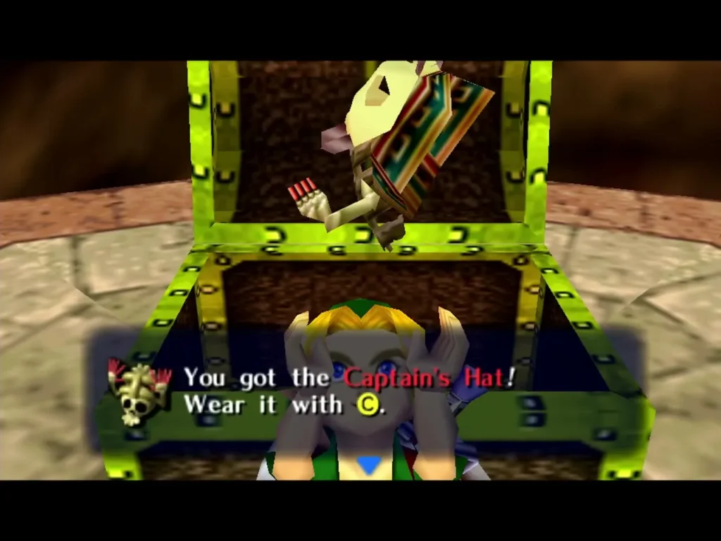 Link holds up the Captain's Hat, the box reading You got the Captain's Hat! Wear it with C Link holds up the Captain's Hat, the box reading You got the Captain's Hat! Wear it with C