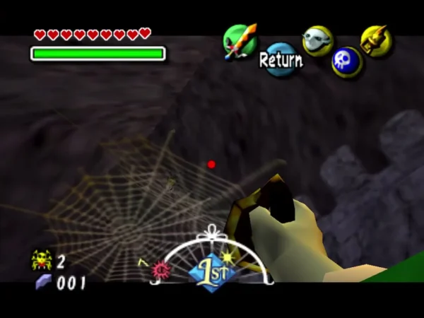 Link aims the Hookshot at a cobweb on a dark wall of the Spider House Link aims the Hookshot at a cobweb on a dark wall of the Spider House