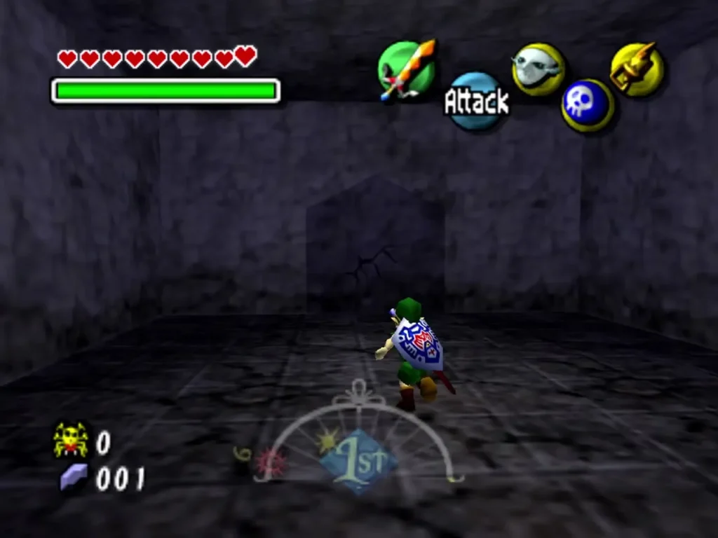 Link in a dark stone room facing a cracked wall section that can be blown open Link in a dark stone room facing a cracked wall section that can be blown open
