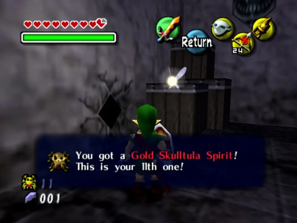 Link on a wooden crate with the eleventh Gold Skulltula Spirit, the box reading This is your 11th one Link on a wooden crate with the eleventh Gold Skulltula Spirit, the box reading This is your 11th one