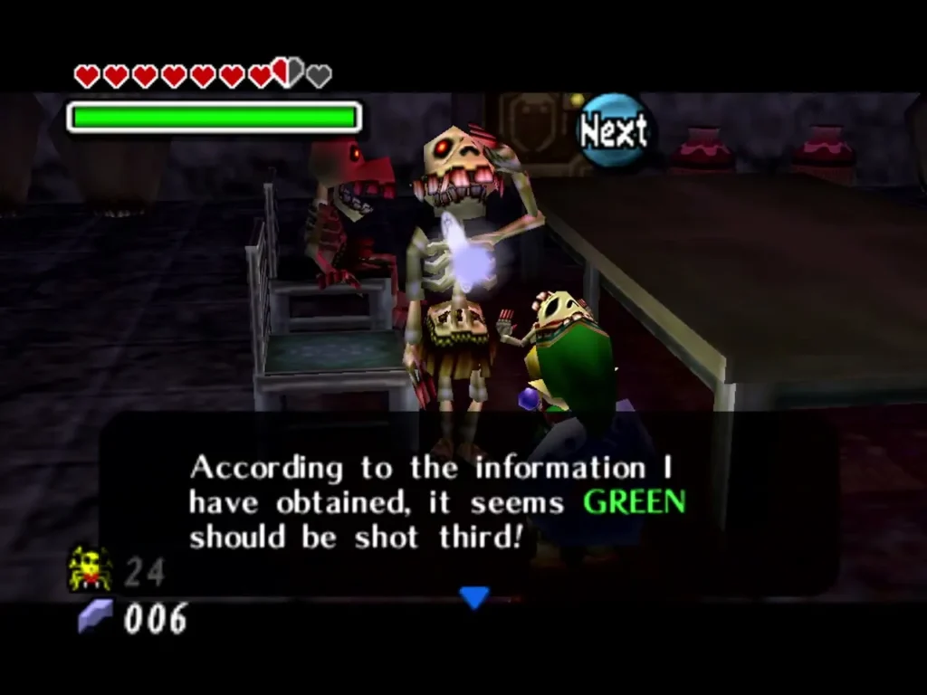 The skeleton informant saying green should be shot third, with a red skeleton seated at a table The skeleton informant saying green should be shot third, with a red skeleton seated at a table