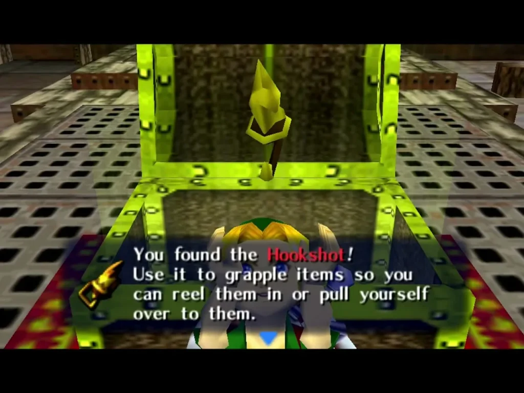 Link holds up the Hookshot, the box reading You found the Hookshot Link holds up the Hookshot, the box reading You found the Hookshot