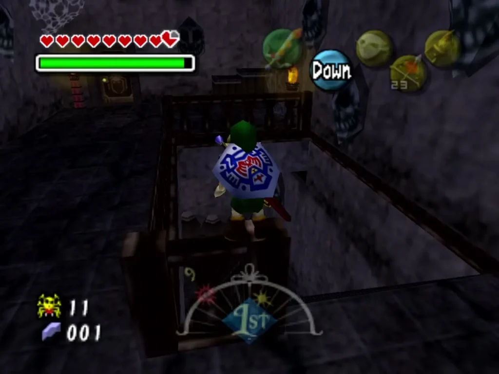 Link stands on the wooden crates by the stairs, with cobwebs and a bridge rail nearby Link stands on the wooden crates by the stairs, with cobwebs and a bridge rail nearby