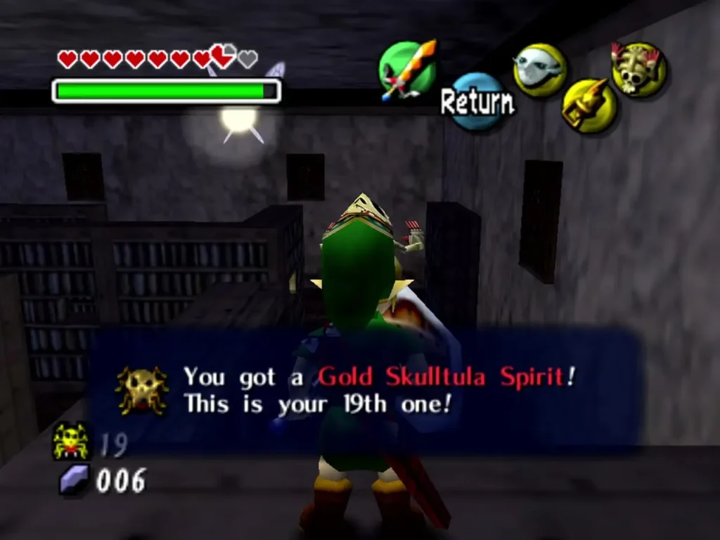 Link with his nineteenth Gold Skulltula Spirit in the library, the box reading This is your 19th one Link with his nineteenth Gold Skulltula Spirit in the library, the box reading This is your 19th one