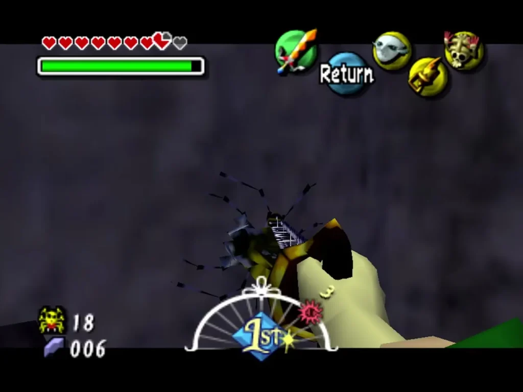 Link shooting a Gold Skulltula spider on a grey stone wall of the hidden room behind the bookcase Link shooting a Gold Skulltula spider on a grey stone wall of the hidden room behind the bookcase
