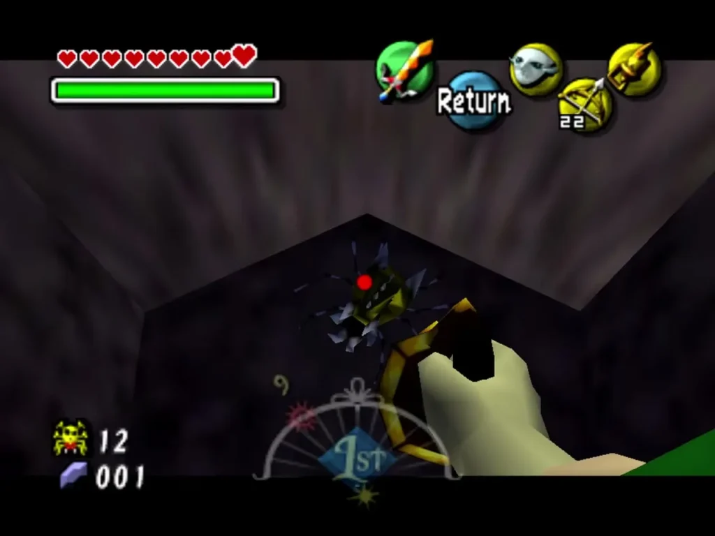 Link faces a Gold Skulltula spider on a dark stone wall, with his bow ready Link faces a Gold Skulltula spider on a dark stone wall, with his bow ready