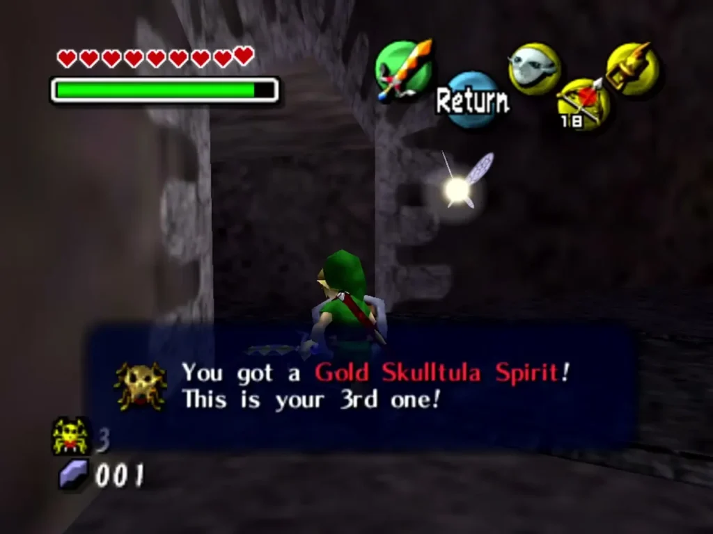Link in a stone doorway with the third Gold Skulltula Spirit, the box reading This is your 3rd one Link in a stone doorway with the third Gold Skulltula Spirit, the box reading This is your 3rd one