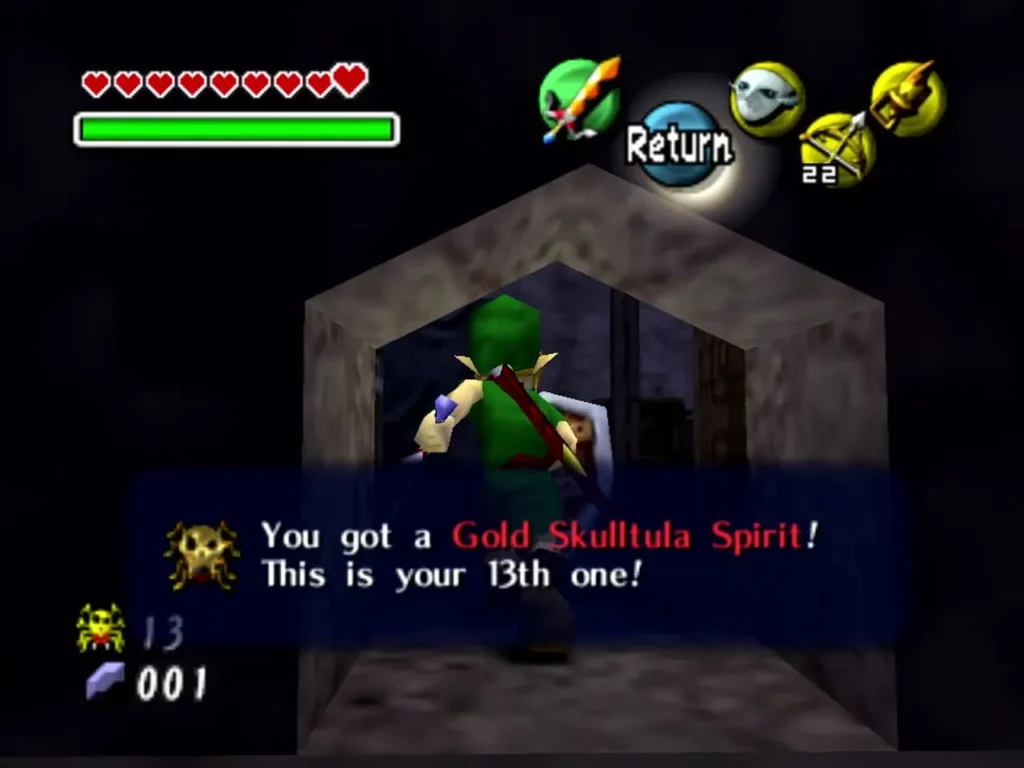Link in a stone doorway with the thirteenth Gold Skulltula Spirit, the box reading This is your 13th one Link in a stone doorway with the thirteenth Gold Skulltula Spirit, the box reading This is your 13th one