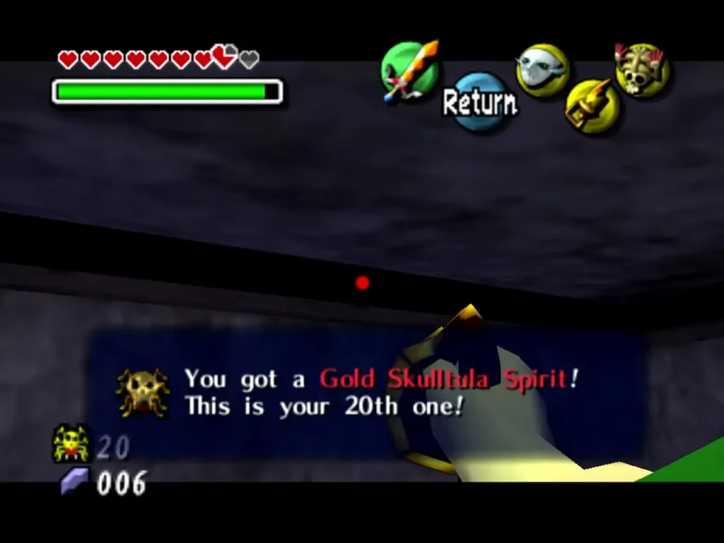 Link after taking the twentieth Gold Skulltula Spirit, the message box reading This is your 20th one Link after taking the twentieth Gold Skulltula Spirit, the message box reading This is your 20th one