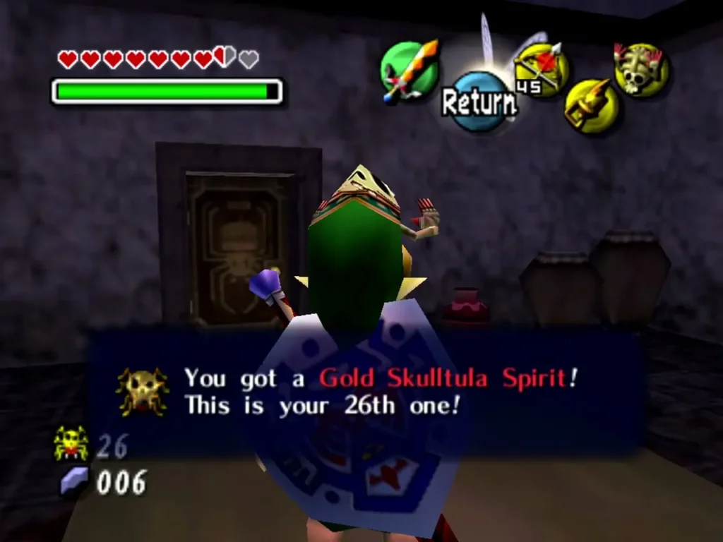 Link in the pot room with the box reading Gold Skulltula Spirit, your 26th one Link in the pot room with the box reading Gold Skulltula Spirit, your 26th one