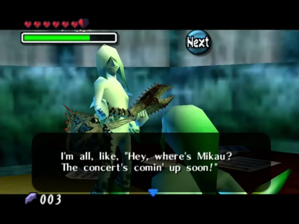 A bass-playing Zora asks where Mikau is, as the concert is coming up A bass-playing Zora asks where Mikau is, as the concert is coming up