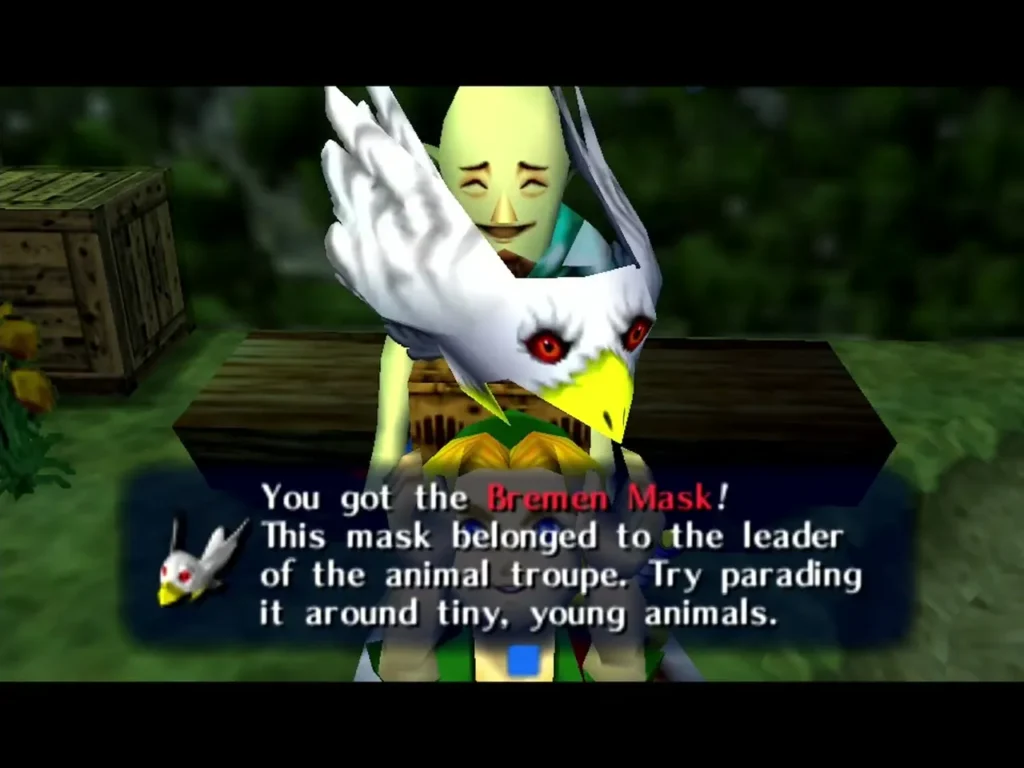 Link wearing the Bremen Mask with a white bird head, its name box on screen Link wearing the Bremen Mask with a white bird head, its name box on screen