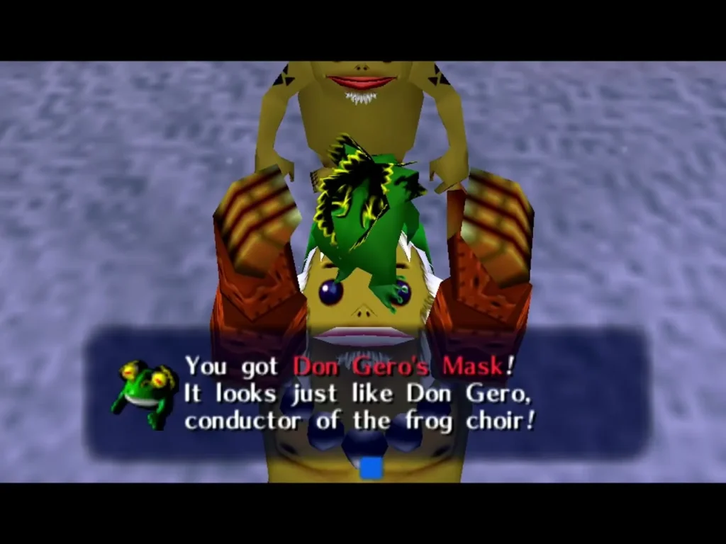 A green frog figure sits on a Goron's shoulders in the snow, with the message that Link got Don Gero's Mask A green frog figure sits on a Goron's shoulders in the snow, with the message that Link got Don Gero's Mask