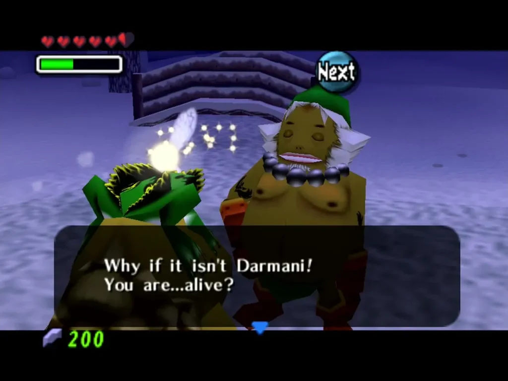Goron and a green frog in the snowy area with the message Why, if it isn't Darmani Goron and a green frog in the snowy area with the message Why, if it isn't Darmani