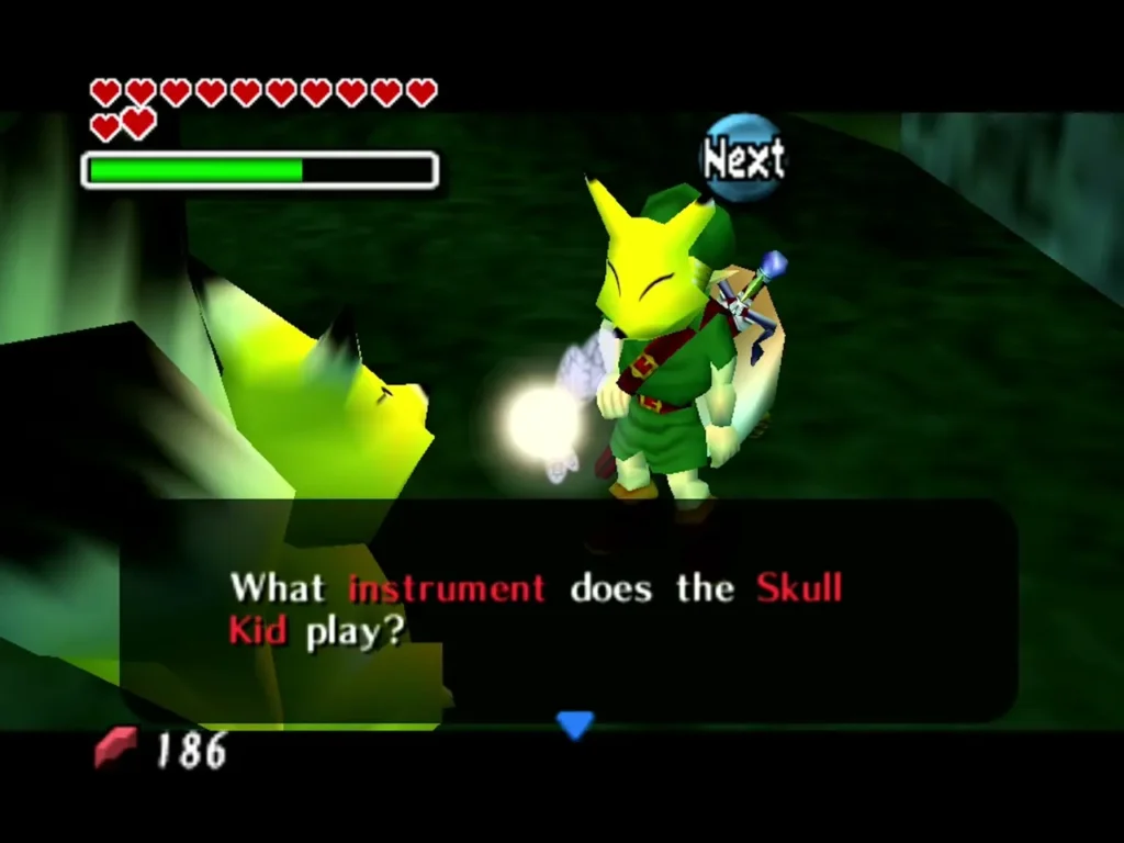 The Keaton fox asks Link in the Keaton Mask what instrument the Skull Kid plays The Keaton fox asks Link in the Keaton Mask what instrument the Skull Kid plays