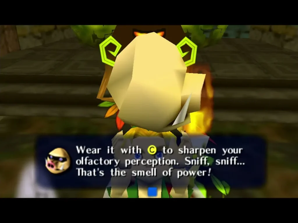 Link wearing the Mask of Scents beside a torch with the message about sniffing out the smell of power Link wearing the Mask of Scents beside a torch with the message about sniffing out the smell of power