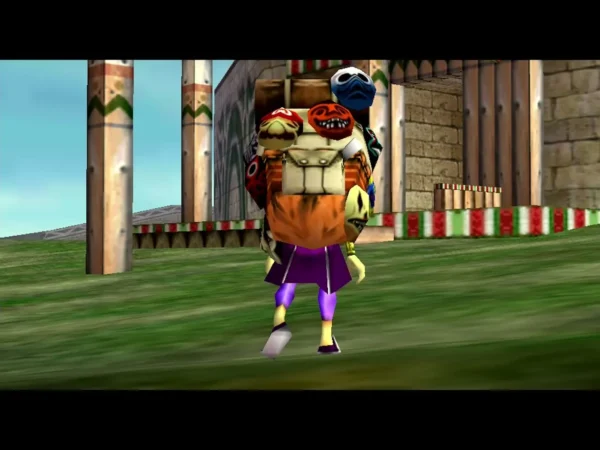 The Happy Mask Salesman walks away with his back turned, a red cap mask with an M on his backpack The Happy Mask Salesman walks away with his back turned, a red cap mask with an M on his backpack