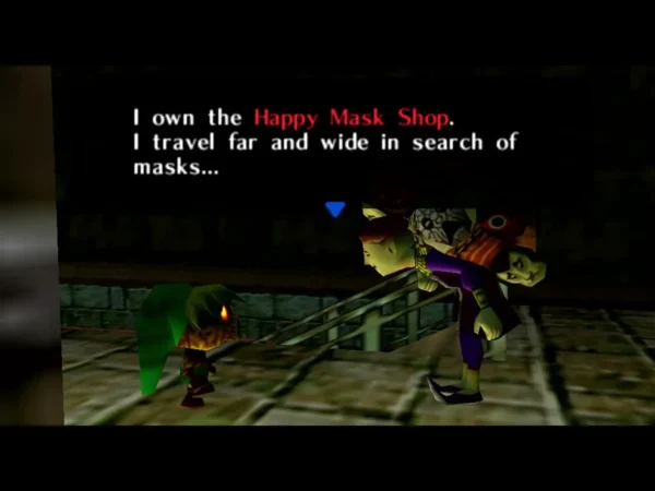 The Happy Mask Salesman bends toward Link with a stack of masks strapped to his back The Happy Mask Salesman bends toward Link with a stack of masks strapped to his back