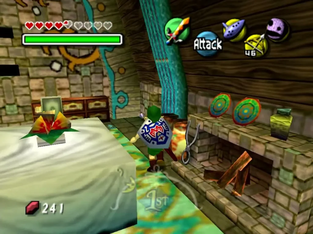 Link stands inside the Music Box House in Ikana Canyon beside the bed and the stone fireplace Link stands inside the Music Box House in Ikana Canyon beside the bed and the stone fireplace