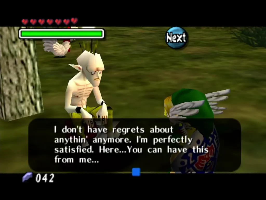 Pale man at Romani Ranch with a cucco behind him, speaking to Link Pale man at Romani Ranch with a cucco behind him, speaking to Link