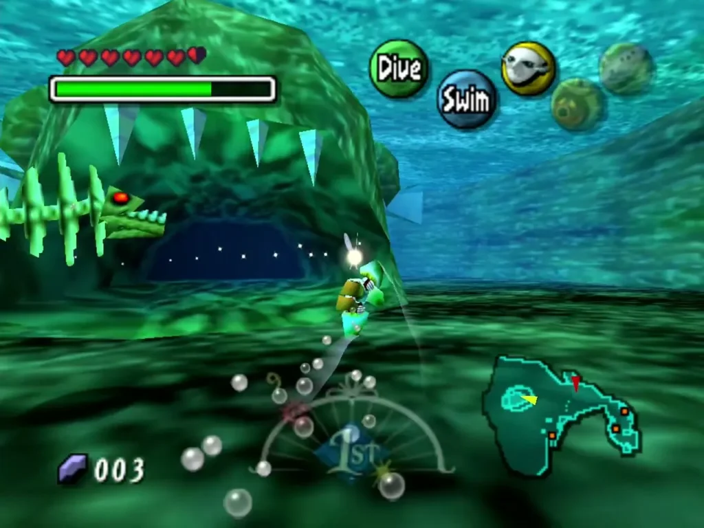 Link swimming up to the shark-jaw doorway of Zora Hall under the bay Link swimming up to the shark-jaw doorway of Zora Hall under the bay