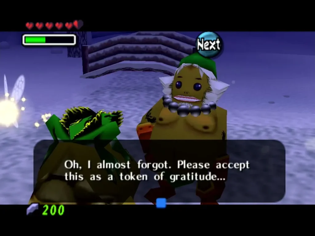 Hungry Goron on the Mountain Village cliff offering Link a token of gratitude Hungry Goron on the Mountain Village cliff offering Link a token of gratitude