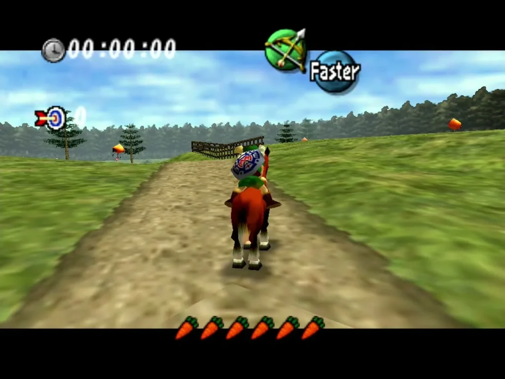 Link riding Epona down the ranch road at the start of the balloon practice Link riding Epona down the ranch road at the start of the balloon practice