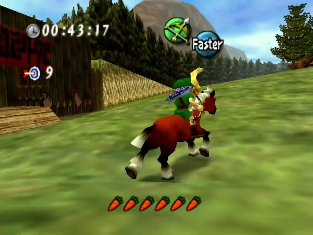 Link on Epona with the Hero's Bow during the ranch balloon practice Link on Epona with the Hero's Bow during the ranch balloon practice