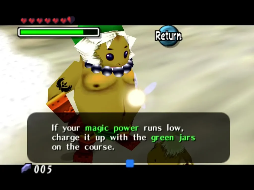 Goron Elder's Son telling Link to recharge magic with the green jars on the course Goron Elder's Son telling Link to recharge magic with the green jars on the course