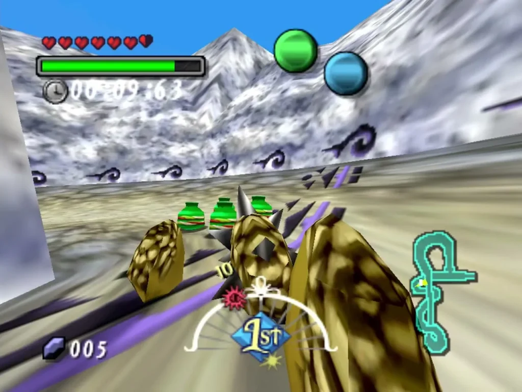 Goron Link rolling past green magic jars on the racetrack Goron Link rolling past green magic jars on the racetrack