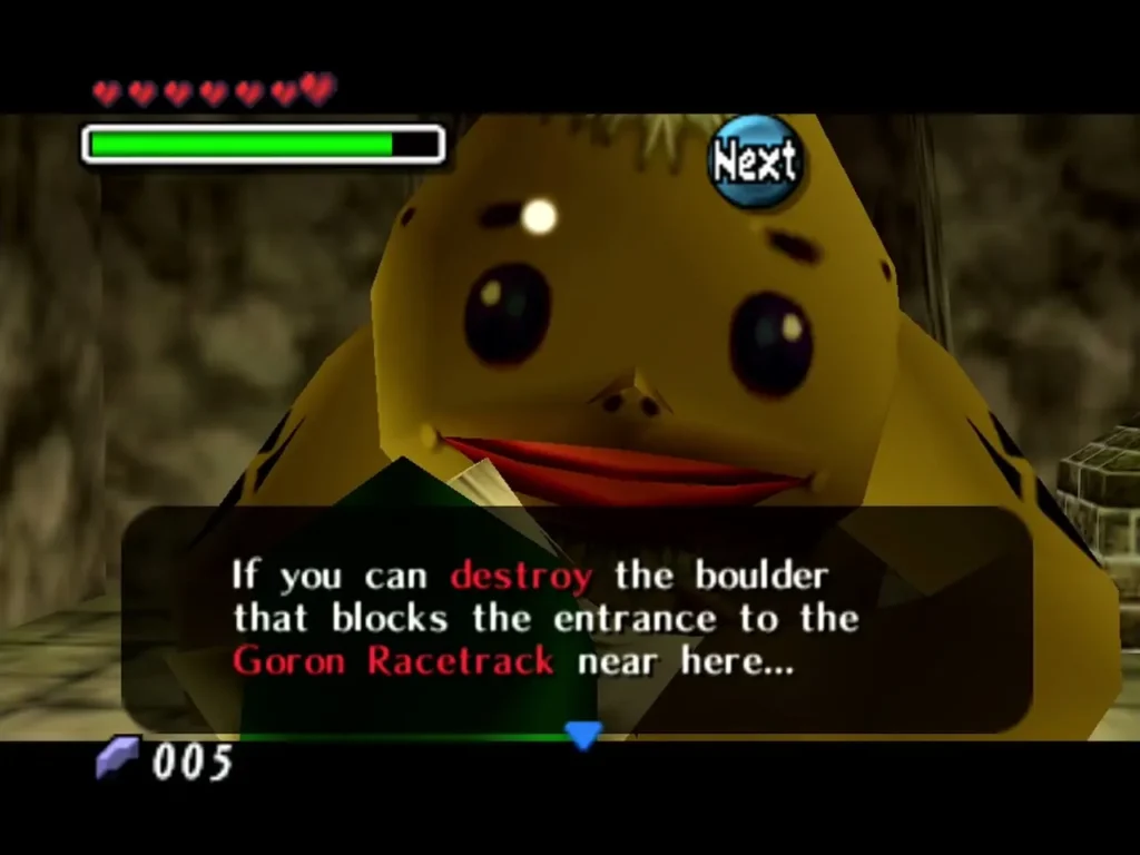 Goron seller saying If you can destroy the boulder that blocks the Goron Racetrack entrance near here Goron seller saying If you can destroy the boulder that blocks the Goron Racetrack entrance near here
