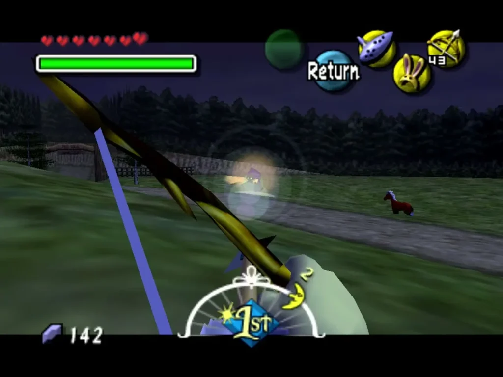 Link aiming the Hero's Bow at a glowing target on the dark ranch road at night Link aiming the Hero's Bow at a glowing target on the dark ranch road at night
